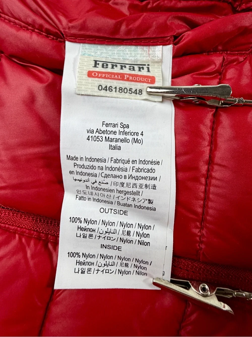 Scuderia Ferrari Red Sleeveless Zipper Front Crushable Puffer Vest, Sz 3/4 Youth